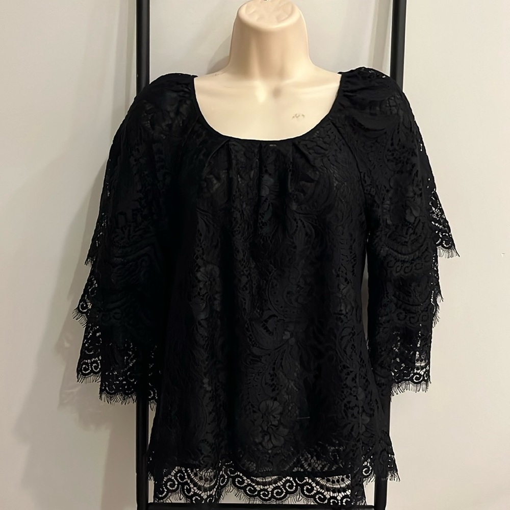 Leifsdottir Anthropologie Tiered Black Lace Blouse 3/4 sleeve Mesh Women Size 0